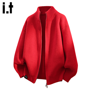 it :5cm/FIVECM红色简约针织开衫长袖毛衣男士2026春秋季宽松外套