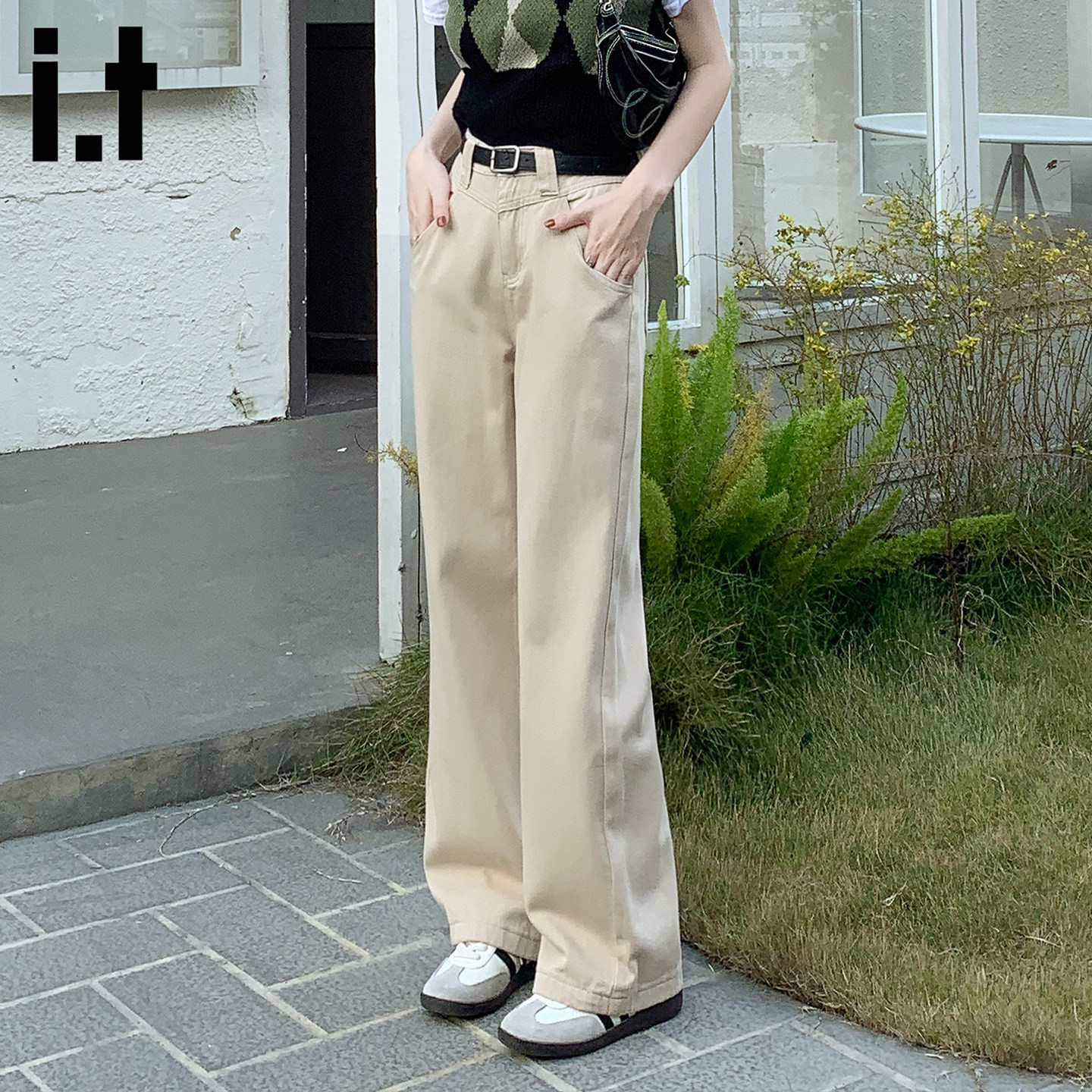 it FIVECM美式高街水洗纯色高腰阔腿牛仔裤女夏宽松显瘦垂感长裤