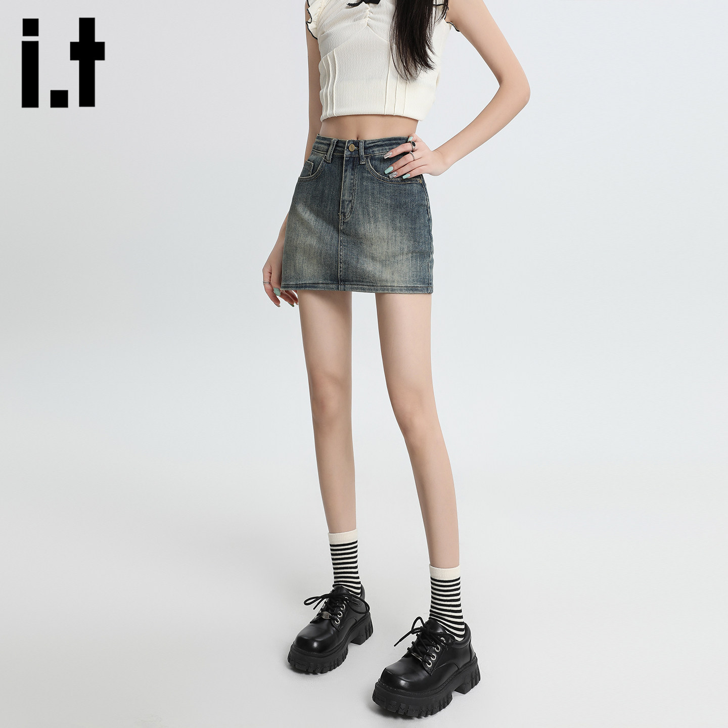 it :5cm/FIVECM夏季水洗短款牛仔裙裤显腿半身裙女辣妹包臀裙短裙