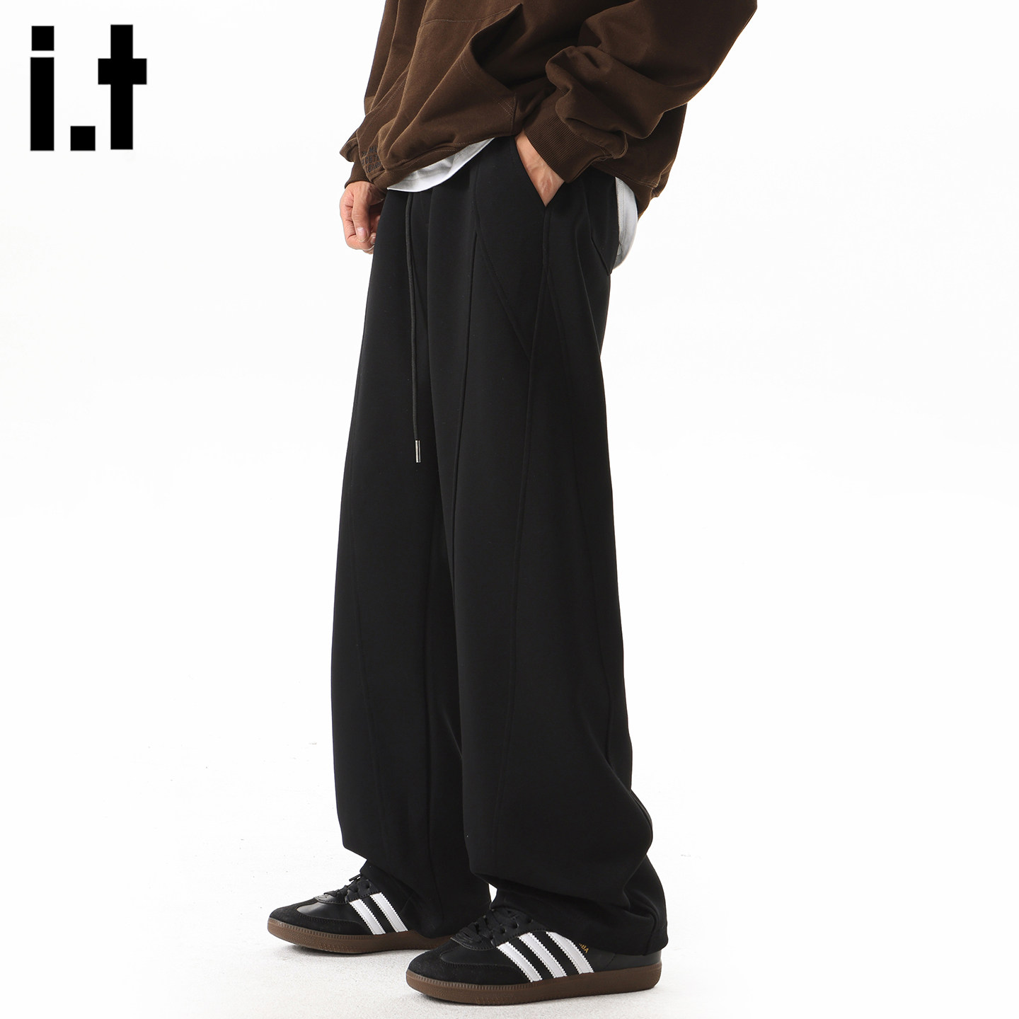 it :5cm/FIVECM美式设计感拼接纯色卫裤男春季直筒阔腿弯刀休闲裤