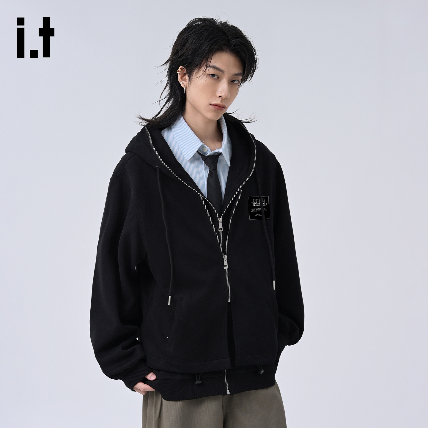 it :5cm/FIVECM假两件连帽开衫卫衣外套男士2025秋季宽松帽衫潮