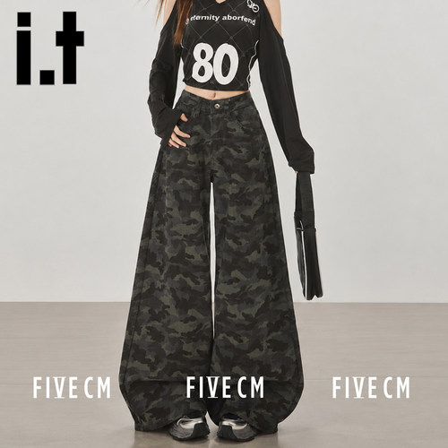 itFIVECM复古迷彩色阔腿裤女