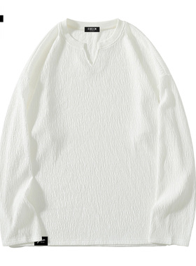 it :5cm/FIVECM休闲白色圆领长袖T恤男肌理感宽松套头上衣打底衫