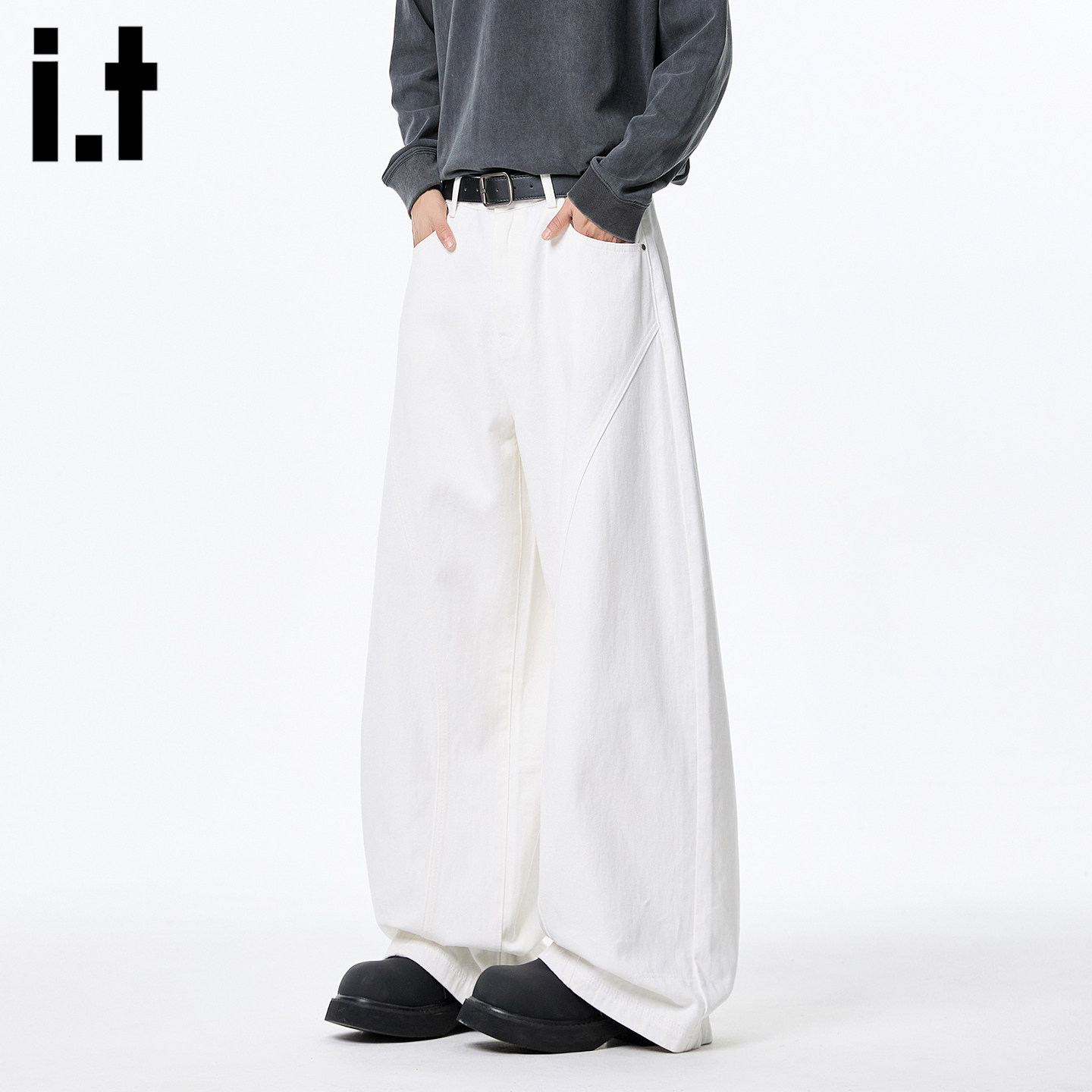 it :5cm/FIVECM美式高街白色牛仔裤男春宽松直筒垂感阔腿弯刀长裤