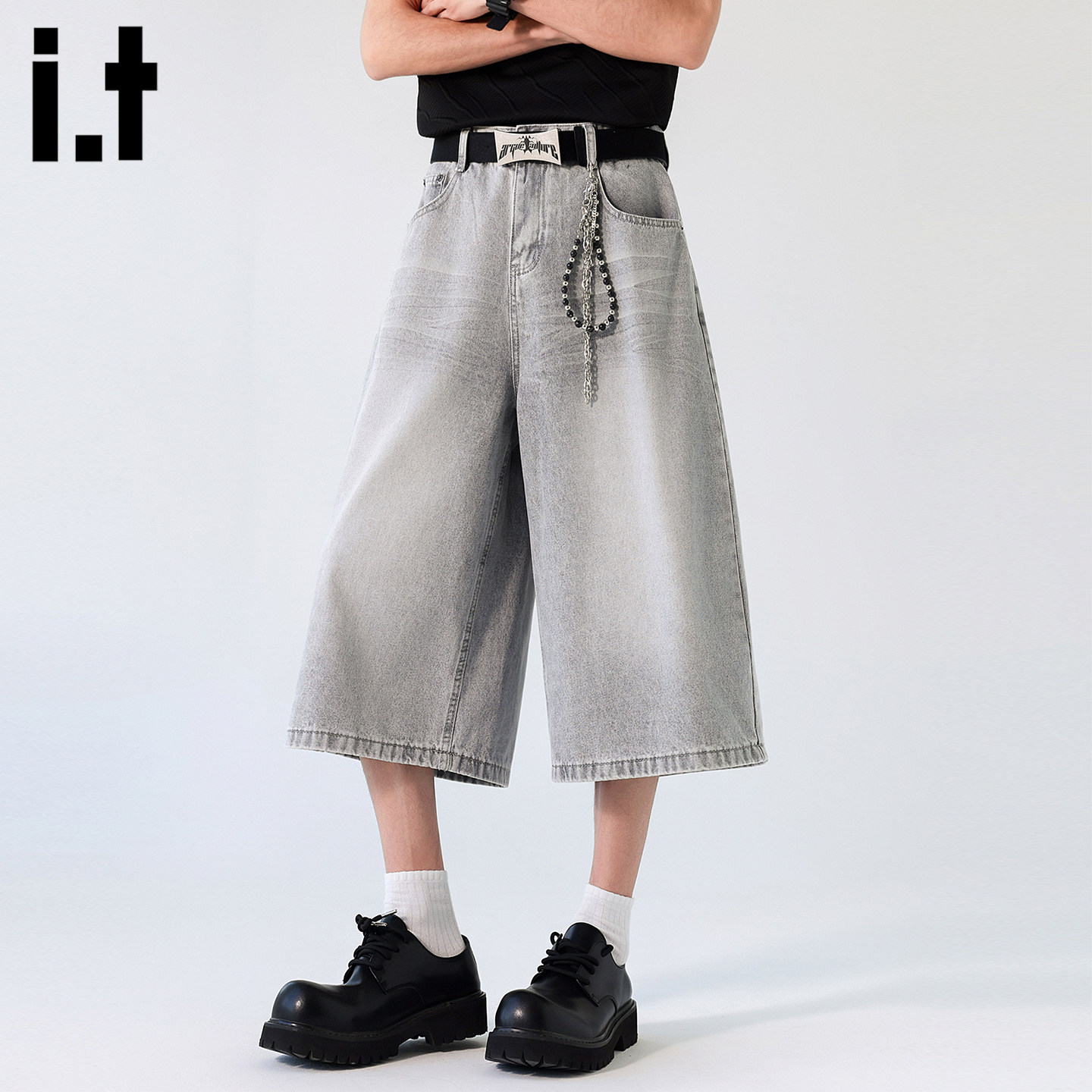 it :5cm/FIVECM男女夏季薄款直筒水洗浅蓝宽松阔腿七分牛仔短裤