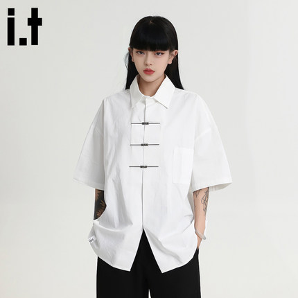 it :5cm/FIVECM新中式冰丝衬衫短袖男女夏季设计感飞机扣衬衣外套
