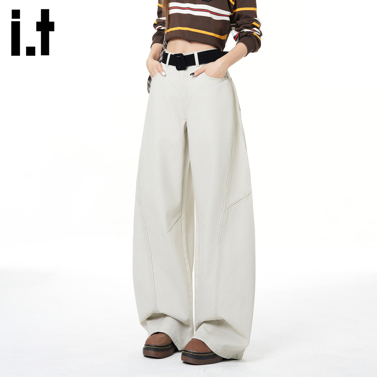 it :5cm/FIVECM韩系新款高级感阔腿裤子女2026显瘦高腰弯刀牛仔裤