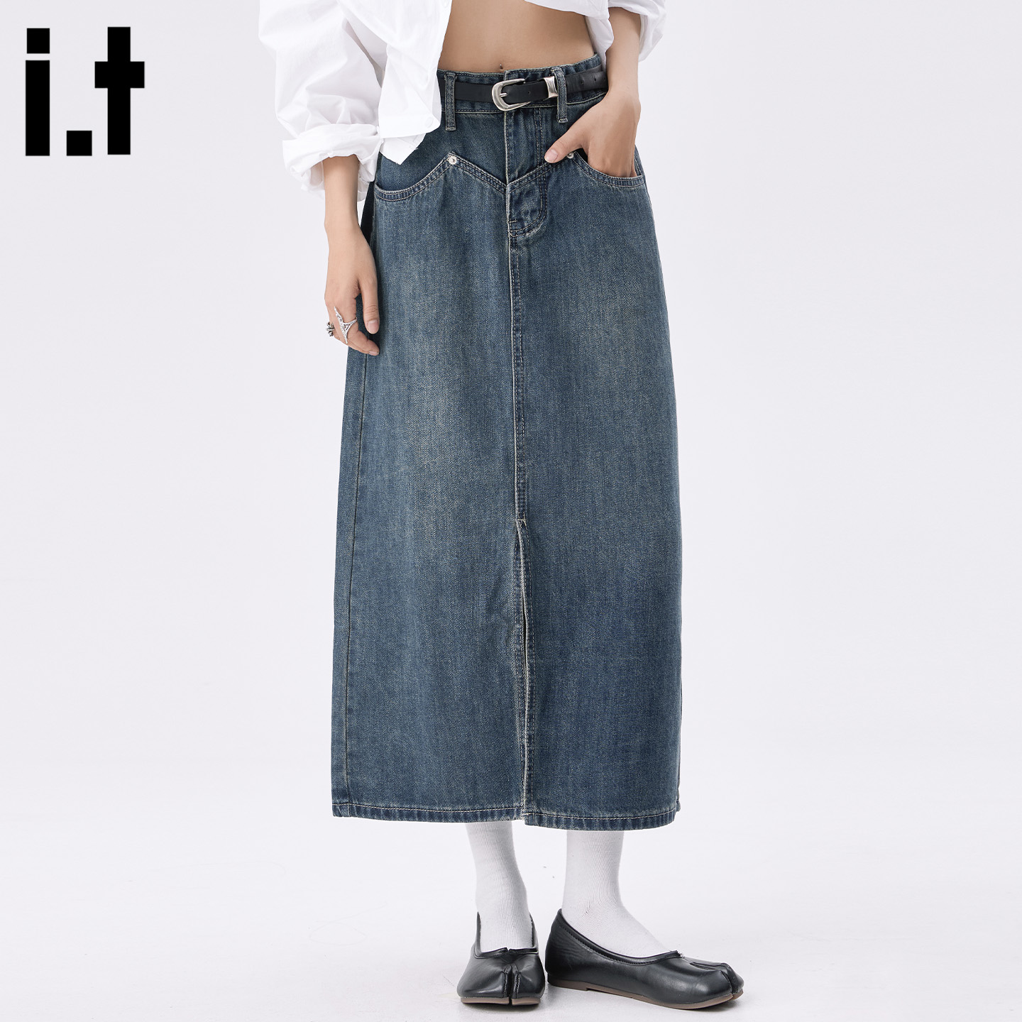 复古蓝色开叉牛仔半身裙女