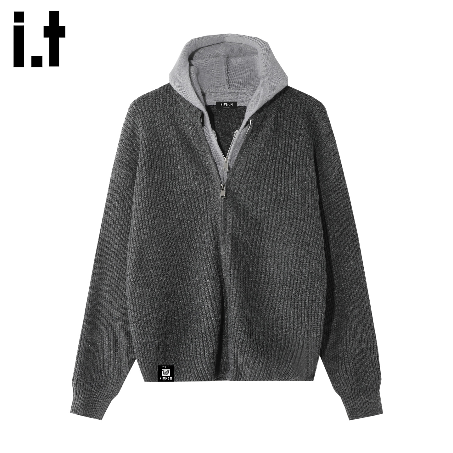 IT撞色连帽拉链开衫针织毛衣外套