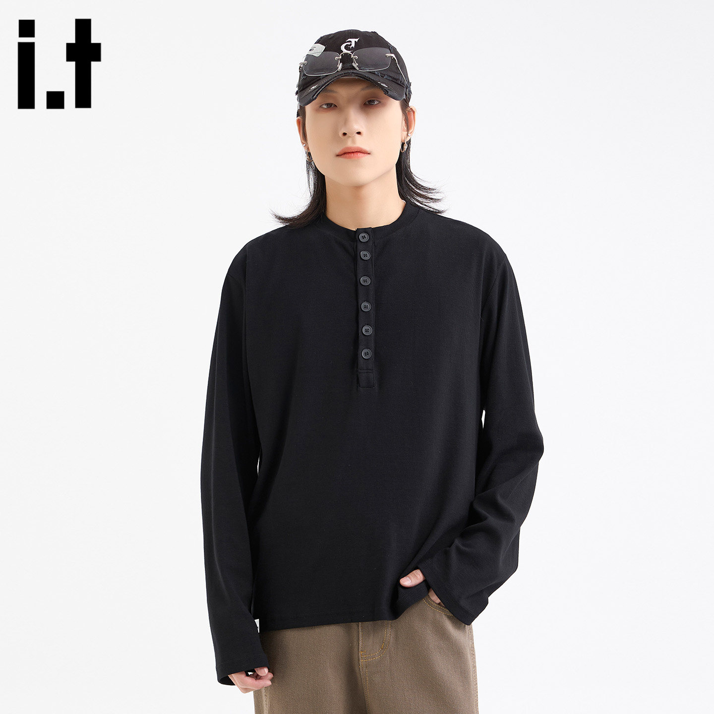 it :5cm/FIVECM黑色多扣半开领薄款长袖针织t恤男士2025秋季上衣