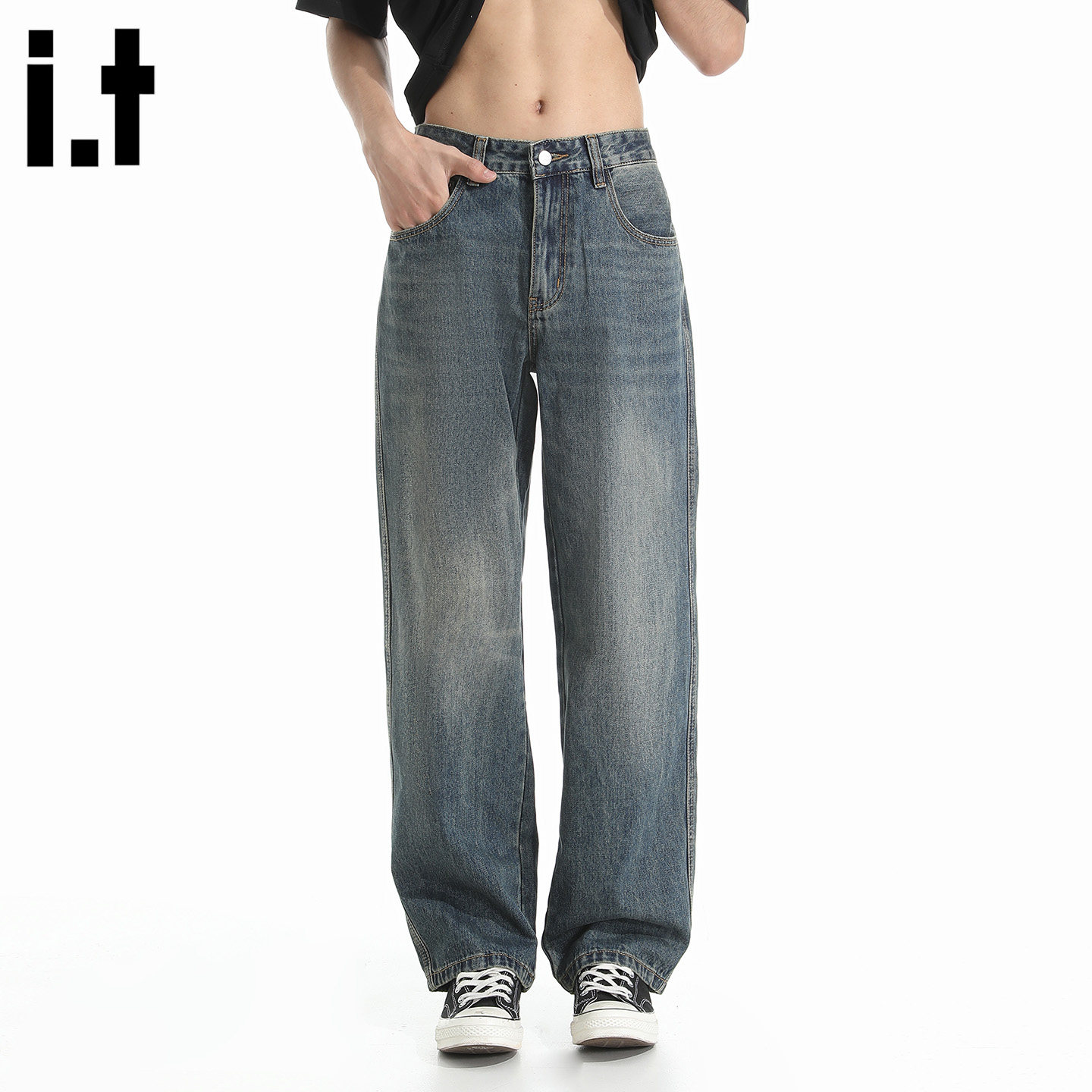 it :5cm/FIVECM美式水洗做旧牛仔裤男女款2025夏季复古高腰直筒裤