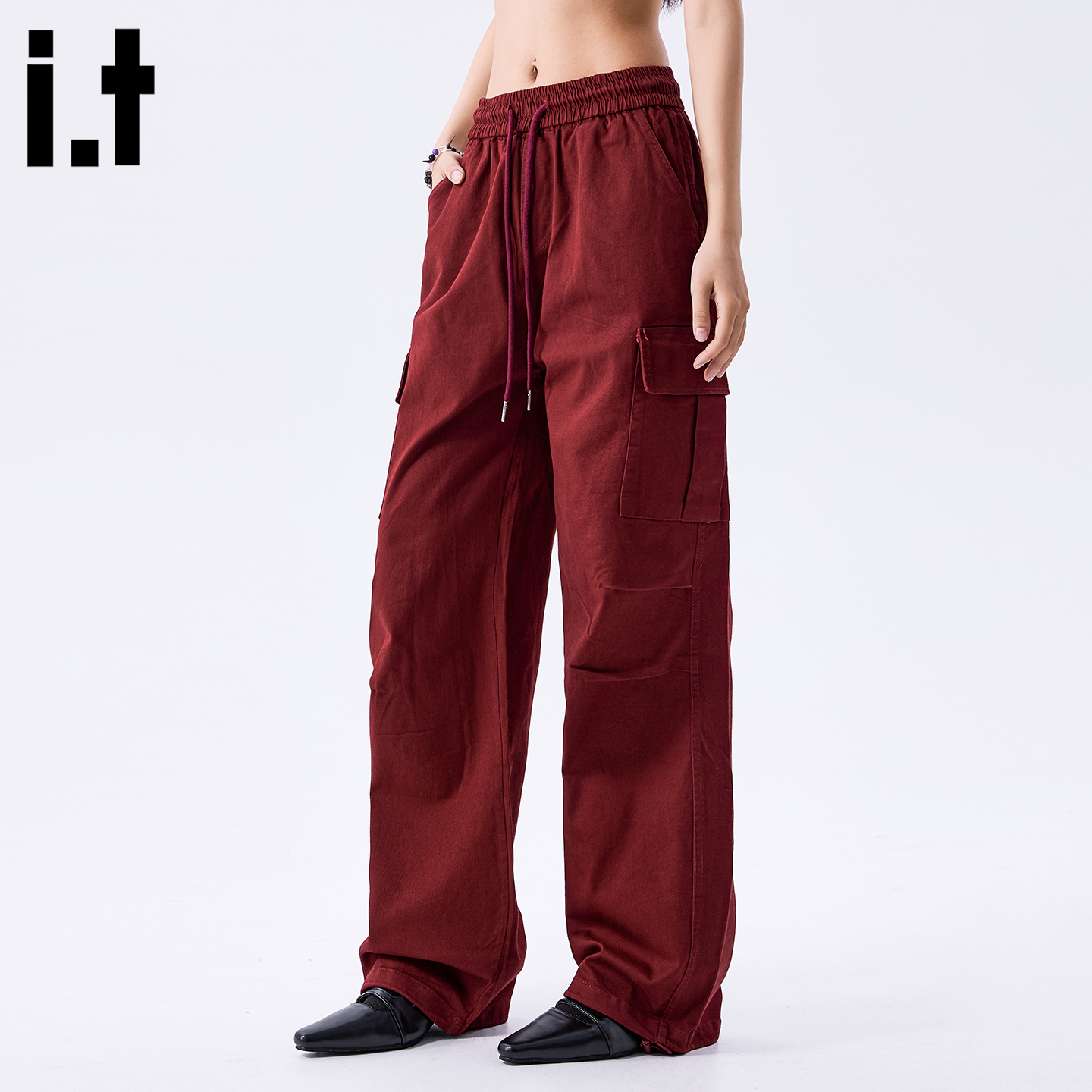 IT'S5cm/5cm酒红色伞兵工装裤