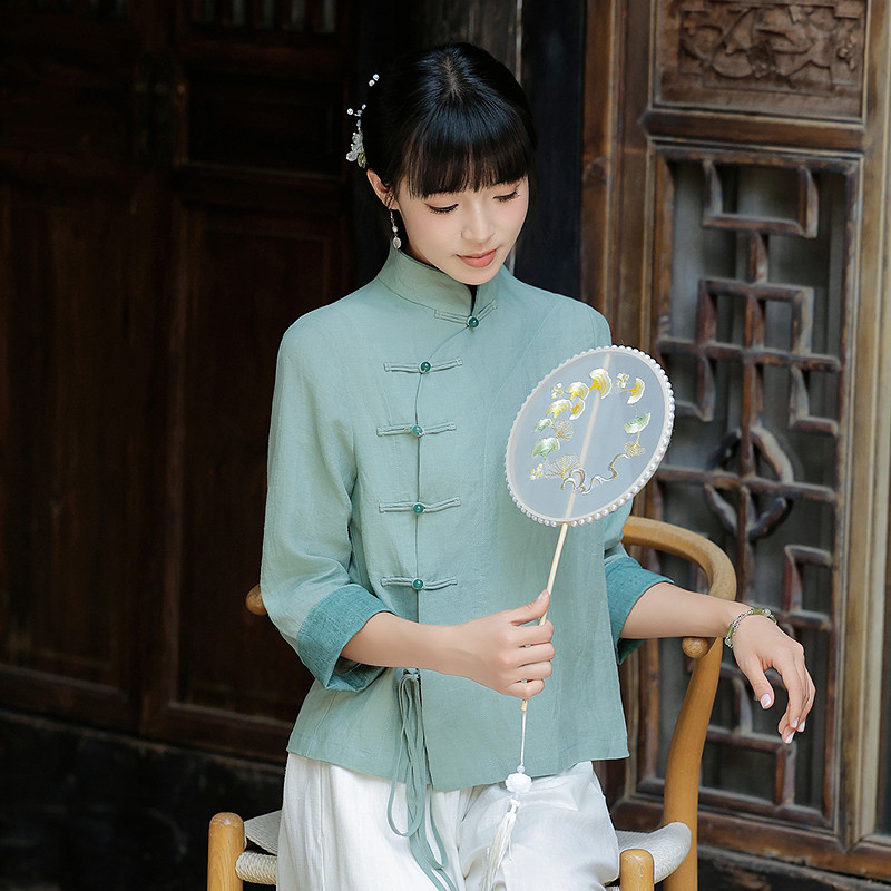 绿色苎麻茶服2026新款春装新中式女装复古高级国风女士唐装上衣夏