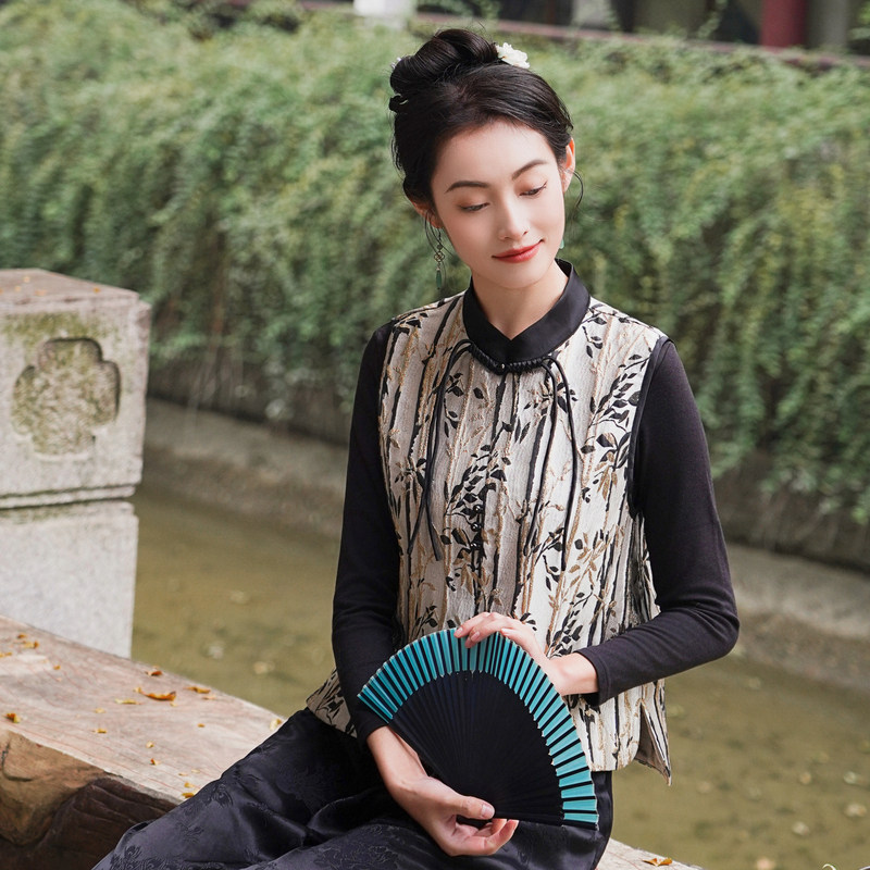 金竹报喜中国风马甲女秋冬中式立领坎肩上衣2023新款禅服马夹外套