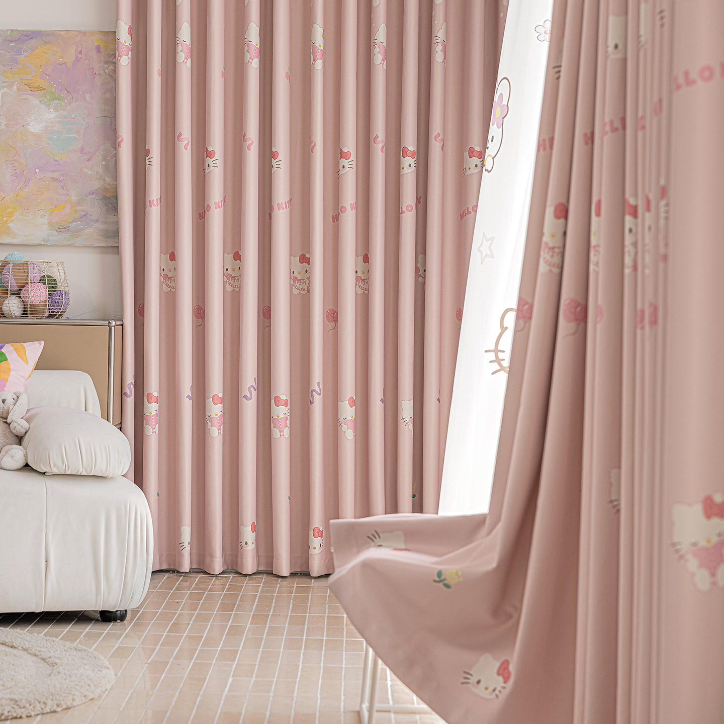 2025年卡通HelloKitty窗帘窗纱女孩房间卧室公主粉色KT猫遮光布帘