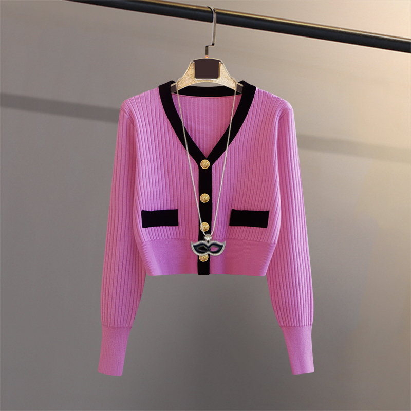 针织单排扣V领拼色小香风法式ins