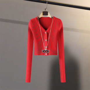 百搭螺纹紧身V领短款 针织衫 修身 女2021秋ins韩版 高腰露脐外套 开衫