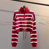 时尚 安可拉红拉链高领毛衣秋冬女宽松显瘦短款 高腰设计感套头上衣