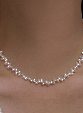 蕾丝碎银子小巴洛克天然珍珠项链女新款小众错位不规则锁骨链颈链