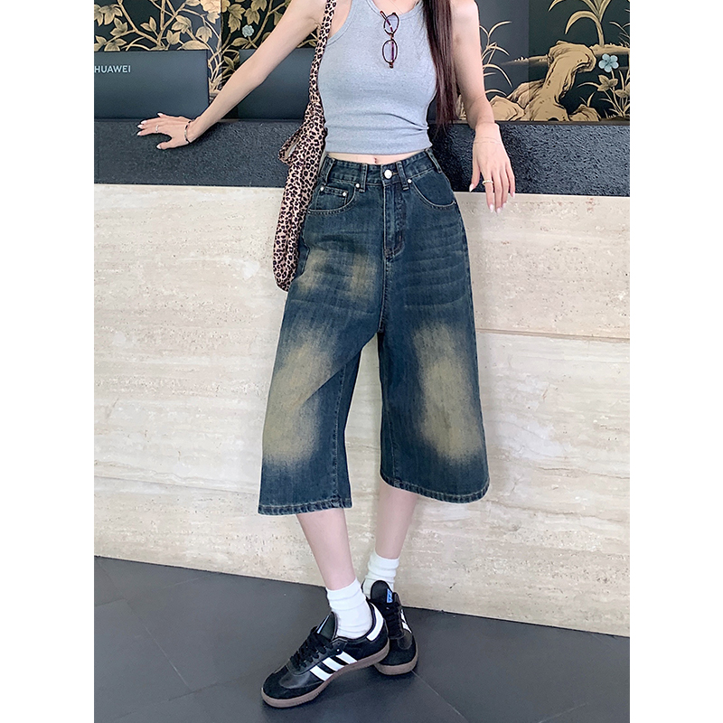 菲乐品牌大码七分牛仔短裤女夏季胖mm复古宽松显瘦高腰直筒阔腿中