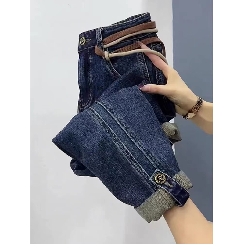 菲乐品牌大码弹力哈伦牛仔裤女春夏胖mm小个子高腰显瘦九分直筒萝