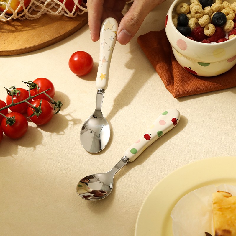 进口波点吃饭勺子陶瓷柄不锈钢儿童餐勺喝汤勺家用高颜值咖啡搅拌