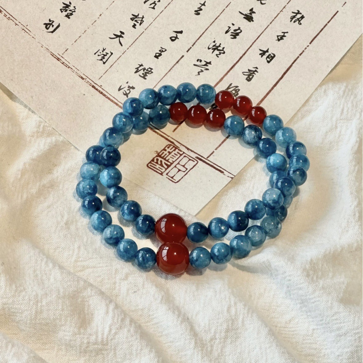 进口清冷感红玛瑙手串新中式国风蓝色天然石串珠小众叠戴轻奢百搭