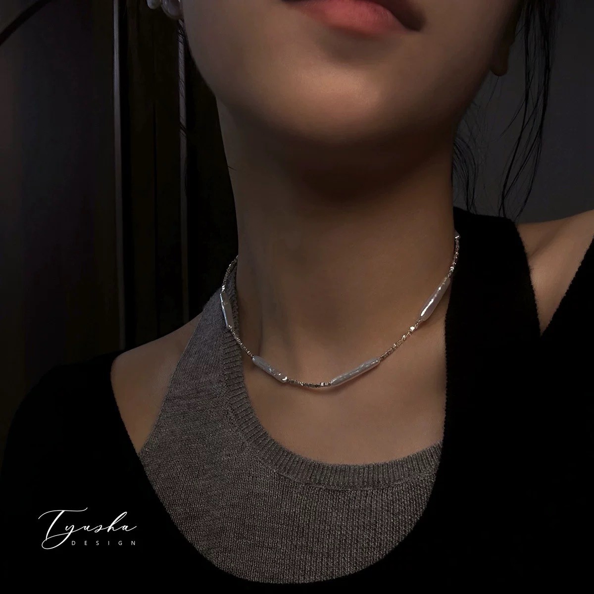 进口异型珍珠S925银巴洛克不规则小银条天然显白项链高级轻奢锁骨