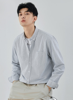 亦止男装灰色细条纹长袖衬衫男款2024秋季商务休闲正装高支棉衬衣