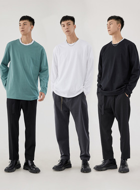 2024新款长袖T恤男春秋圆领白色打底衫薄款棉质内搭男士休闲上衣