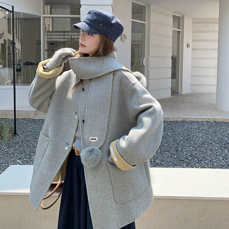 【档口有货】两色毛球围巾双面尼大衣2D122-2735-P265控388，女装毛呢外套，2D122