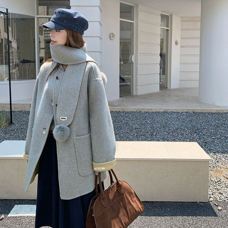 减龄学院风双面呢浅灰色毛呢外套女秋冬2025新款巨好看高级感大衣,女装毛呢外套,2D122
