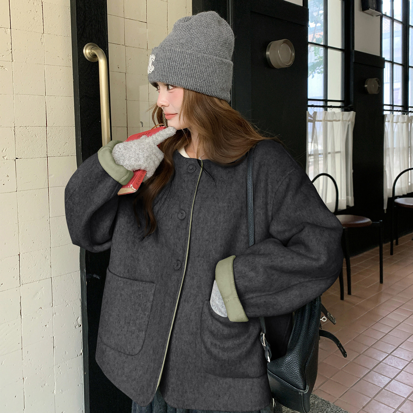 【有货】撞色短款双面呢大衣2D122-2757-P245控358，女装毛呢外套，2D122