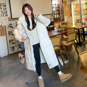 米白色韩系连帽棉服女2025年冬季新款高级感长款过膝加厚面包服潮图片