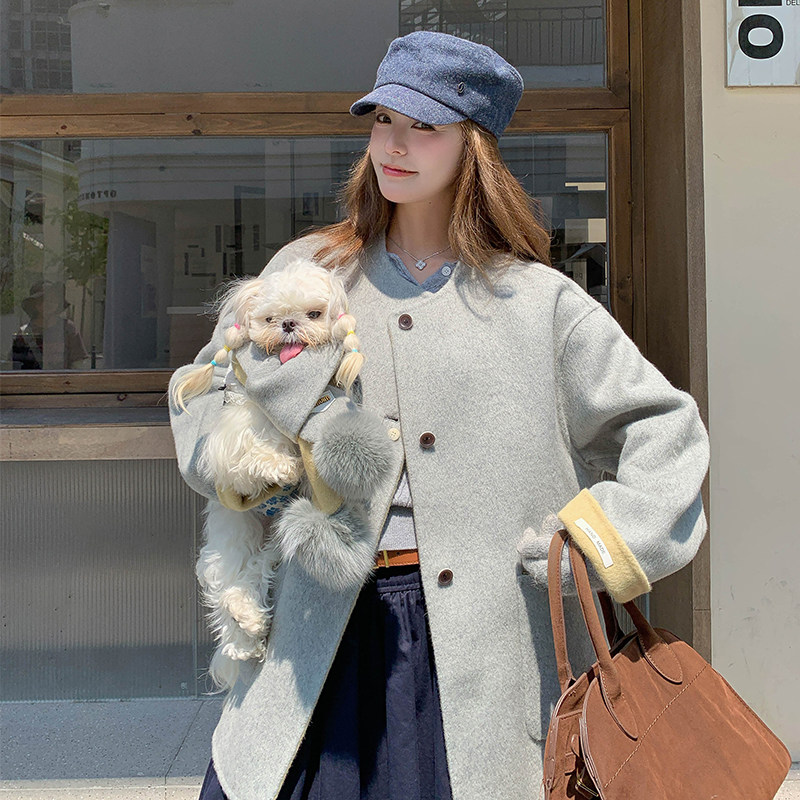 【档口有货】两色 毛球围巾双面尼大衣 2D122-2735-P265 控388,毛呢外套,2D122