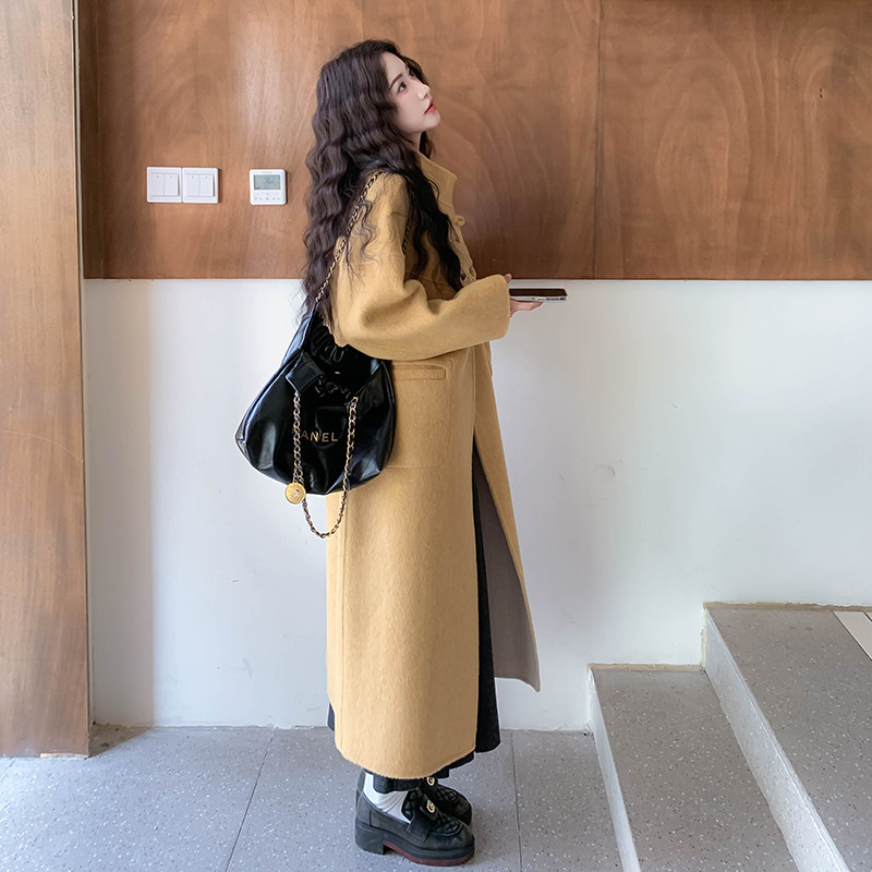 复古新中式国风黄色连帽双面呢外套女秋冬2025新款长款高级感大衣,女装毛呢外套,2D122