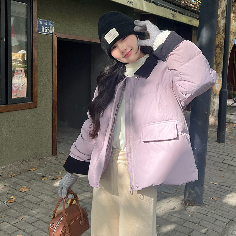 巴恩风休闲紫色短款羽绒服女冬季超火好看高级小众白鸭绒加厚外套,女装羽绒服,2D122