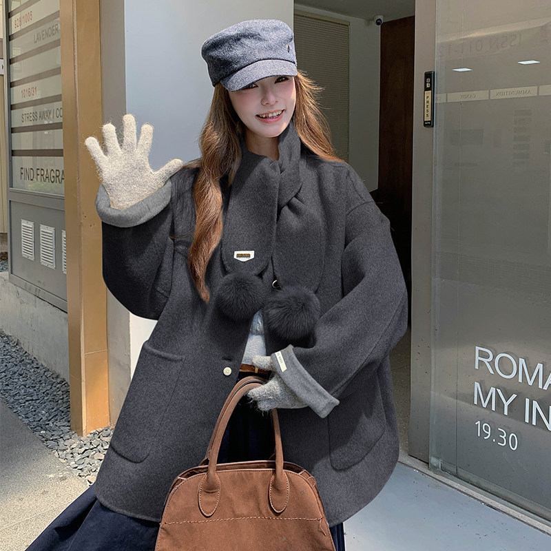 【档口有货】两色毛球围巾双面尼大衣2D122-2735-P265控388，女装毛呢外套，2D122