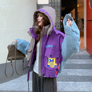 设计感牛仔拼接羽绒服女2025冬季新款洋气保暖加厚白鸭绒工装外套图片