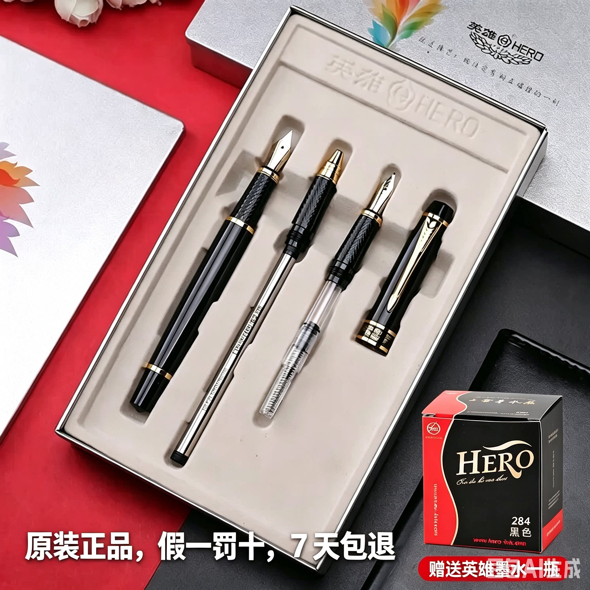 英雄(HERO)钢笔7032商务办公书写签字笔三合一套装生日礼物礼盒
