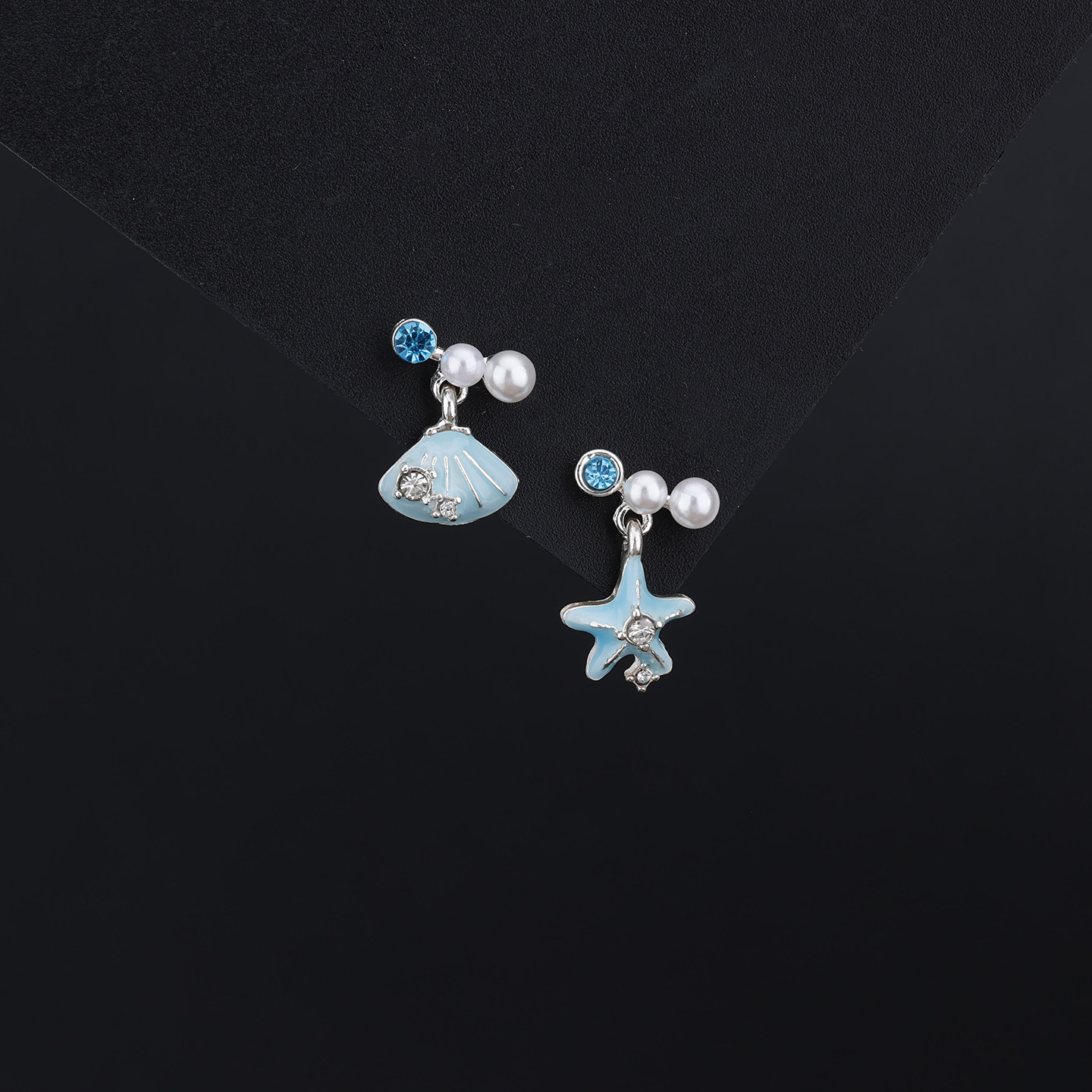 s925银针蓝色海星贝壳耳钉不对称