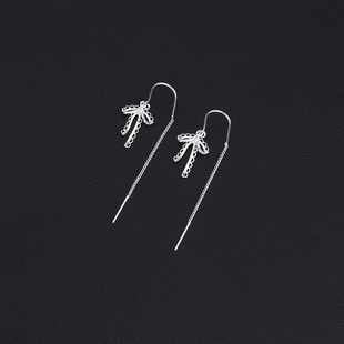 s925纯银蕾丝花边蝴蝶结耳线女气质2025新款 潮耳环流苏显脸瘦耳饰