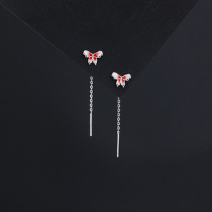 s925银针红色渐变蝴蝶耳线女气质流苏2025年新款 耳环小众设计感