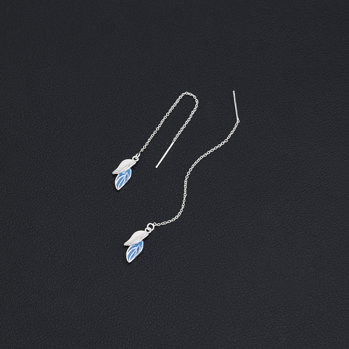 s925纯银蓝色树叶耳线气质长款