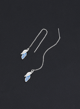 s925纯银蓝色树叶耳线女气质森系长款叶子流苏耳坠耳环温柔耳饰