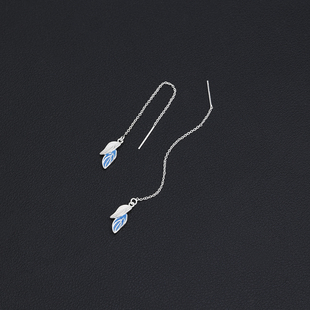 s925纯银蓝色树叶耳线女气质森系长款叶子流苏耳坠耳环温柔耳饰