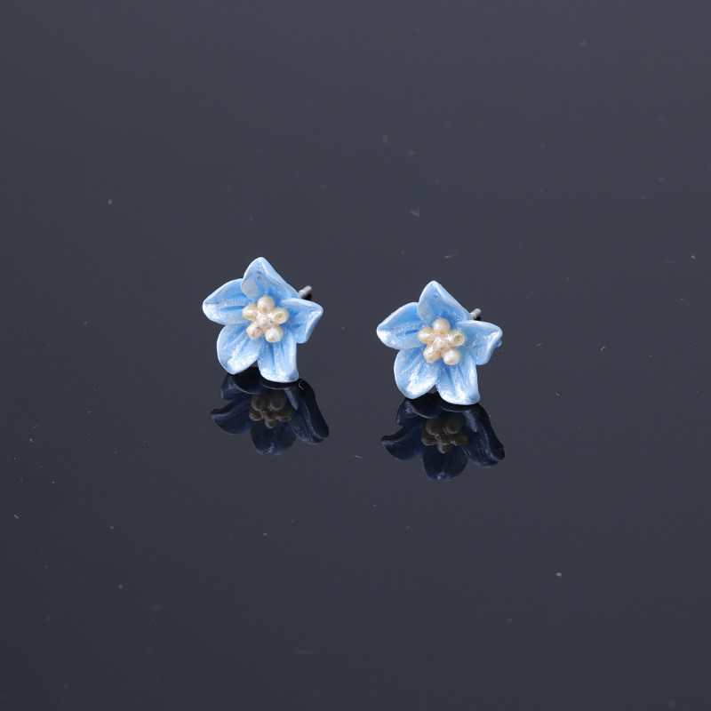 s925纯银蓝色山茶花耳钉气质小众