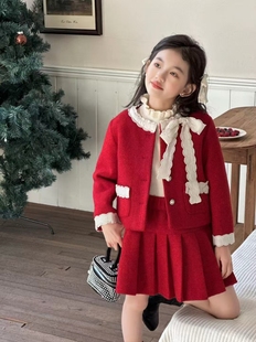 2025新款公主裙子女孩中小童装秋冬小香风二件套装外套百褶裙夹棉