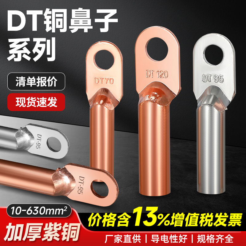 铜鼻子铜接头DT10/16/25/35/50/70-500平方接线端子堵油线耳鼻子