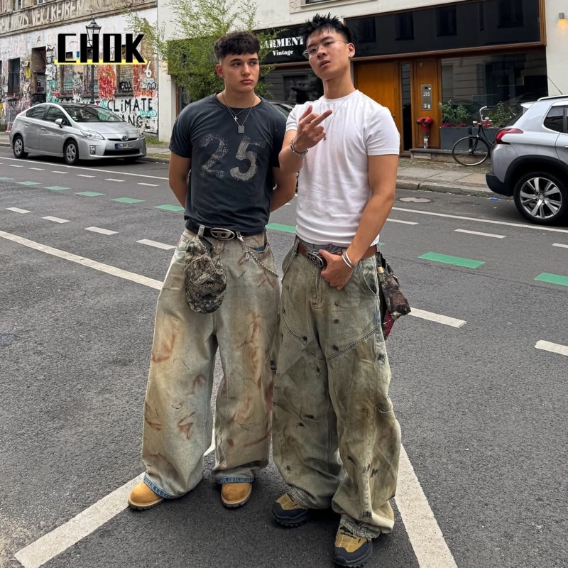 chok做旧设计感牛仔裤2025夏季新款无性别重工脏洗阔腿宽松弯刀裤
